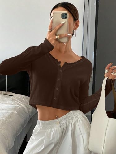 Image of Cioatin Women V Neck Lace Trim Button Down Open Front Pointelle Crop Cardigan Long Sleeve Clean Fit Y2K Minimalist Shirt Tops