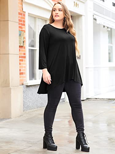 Larace Womens Plus Size 3/4 Sleeve Loose Fit Flare Swing Tunic Tops Floral High Low Basic T Shirt, Black 2X #TOP4