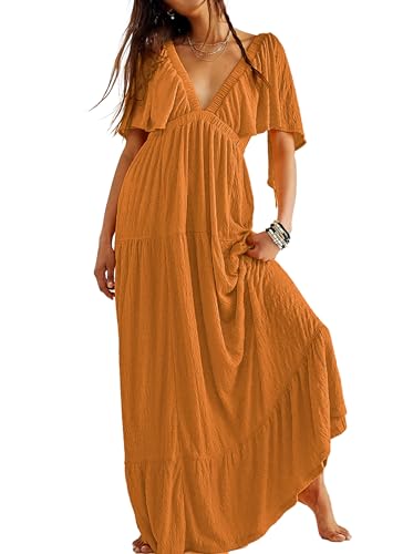 Image of Kikibell Women Summer Dresses Sexy V-Neck Maxi Dress Tiered Silhouette with Flutter Sleeve Backless Elastic Waist Flowy Dress