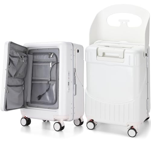 20 Inch Ride on Luggage with Seat for Kids Top Opening Aluminum Frame Suitcase with Spinner Wheels Locks for Travel(White)