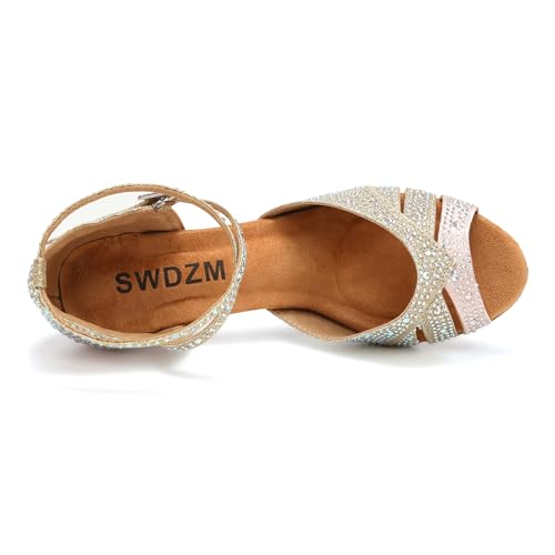 Swdzm FRE-YCL549-PINK+GOLD-7.5-38 Women Rhinestone Ballroom Dance Shoes Latin Salsa Performance Dancing Shoes,Pink+Gold,Heel 3 Inch,Suede Sole,7 Us thumb #6