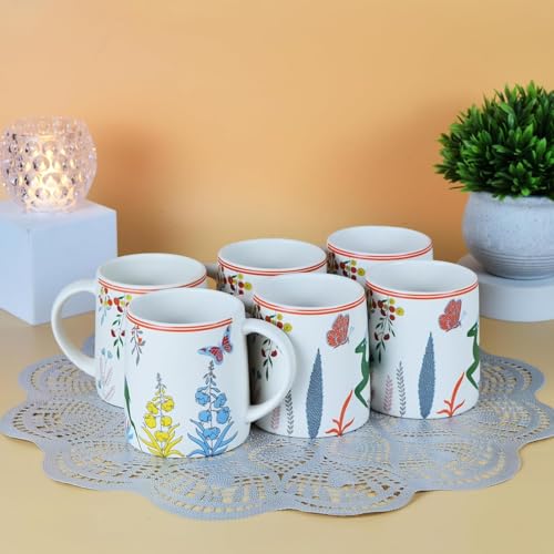 Image of CRAF10 Green Stag Ceramic Coffee /Tea Mugs - Set of 6, 330 ML Each, Elegant & Durable, Microwave & Dishwasher Safe