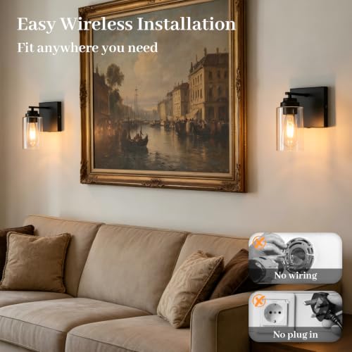 Image of Dimmable Battery Operated Wall Sconce Set of Two, Rechargeable Wall Lamp No Wired Required, Easy Install Cordless Wall Light Fixtures for Bedroom Living Room Bathroom Hallway Farmhouse, Black