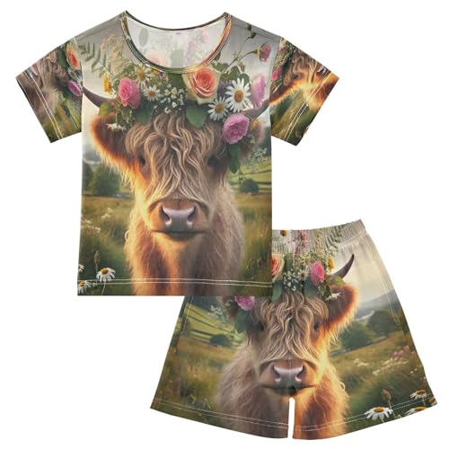 Highland Cow Farmhouse Pajama Set Short Sleeve PJ Set Cotton Summer Pajamas Sleepwear Soft 5Y