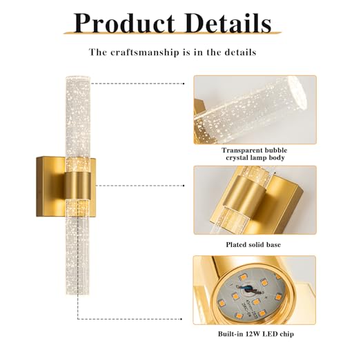 Image of Crystal Wall Sconces LED Sconces 15.7 Inch Wall Lighting, Bathroom Vanity Light Fixtures, 3000K Vertical and Horizontal Wall Mounted Sconce for Bedroom Living Room Hallway,12W (Gold)