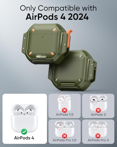 Image of MoKo for AirPods 4 Case Cover with Lock, Waterproof, Army Green | Secure Lock, IP68 Waterproof, Military‑Grade Shockproof, Keychain, Phone Stand, Cleaner Kit