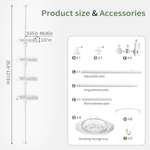Image of akinbas 360 Rotating Shower Caddy Tension Pole with 4-Tier Rustproof Lazy Susan 35-128 Inch No Drilling Coner Shelves Adjustable Shower Rack for Bathroom Bathtub Washbasin Plant Storage (White)