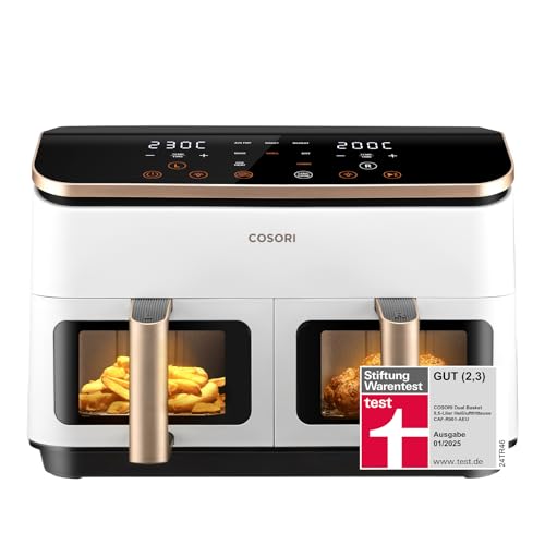 Cosori Freidora de Aire True Acero Inox-Doble Cesta 8,5L-Grande Air Fryer-Sync Cook de Alta Tecnología-Alta Potencia y Velocidad-55% de Ahorro Energético-10 Funciones-Máx 10 Personas-Limpiable
