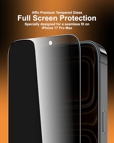 Image of Affix 2 Pack for Privacy iPhone 17 Pro Max Full Coverage Tempered Glass, Screen Protector Guard with Easy Fix Installation Tool, 9H Hardness Shatterproof, HD Clear Scratch Resistant