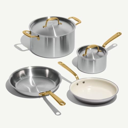 Image of Made In Cookware - 6 Pc Stainless Steel Cookware Set (Antique Brass Handle) - 5 ply Clad - Includes Frying Pans, Saucepan, and Stock Pot - Professional Grade - Crafted in Italy - Induction Compatible