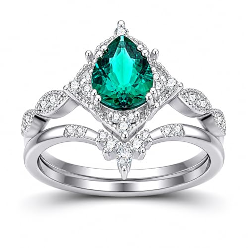 LieYovanaRing Pear Shaped Emerald Engagement Ring Set for Women, 925 Sterling Silver Pear-Cut Emerald Green Fashion Jewelry Wedding Bridal Band Rings for Women Her (8)