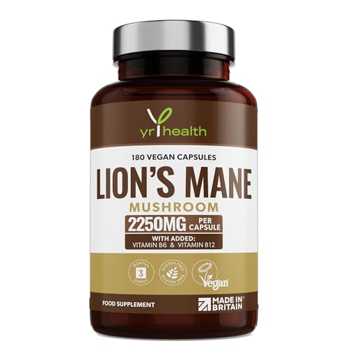 Lion's Mane Mushroom Supplement 2250mg - 180 Vegan Capsules with Added Vitamin B6 & B12, Supports Immune System & Promotes Digestive Health - 3 Months Supply - Made in The UK by YrHealth