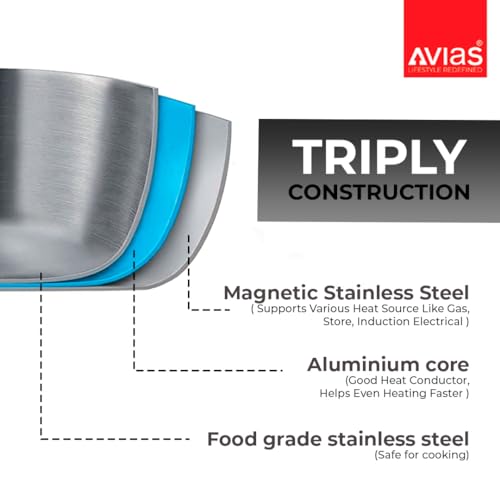 Image of Avias Riara Triply Saucepan with Lid | 5 Years Warranty | 14cm Stainless Steel Sauce Pan, Triply Tea Pan, Steel Casted Handles, 2.5 Mm Thickness, Induction Base Sauce Pan, 1.10 Litre, 14cm