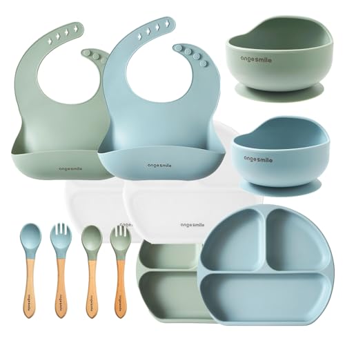 Image of Baby Feeding Essentials Silicone Ange Smile 12 Set Bib, Baby Bowl, Suction Plate, Spoon, Fork Eating Utensils for 6+ Months Kids Toddler Kawaii Sage Green & Blue