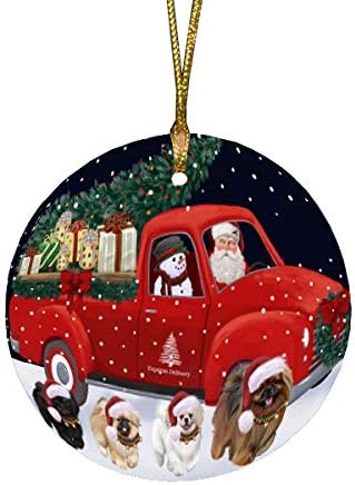 Christmas Express Delivery Red Truck Running Pekingese Dogs Round Flat Ornament - Pet Decorative Hanging Ornaments for Christmas X-mas Tree Decorations - 2.75" Round Christmas Ornament