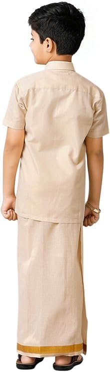 Chandrakala Shirt Dhoti Set for Boys Half Sleeve Tissue Jari South Indian Dress (KB103-P)3