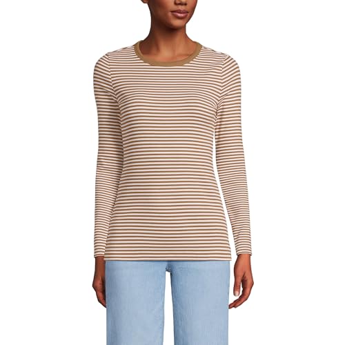 Image of Lands' End Womens Long Sleeve Micro Rib Crew Canyon Camel Tiny Stripe Regular X-Large