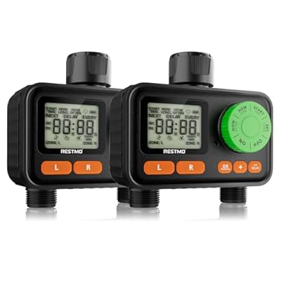 [2 Pack] RESTMO 2 Zone Sprinkler Timer, Programmable Water Timer for Garden Hose, Automatic Digital Control | Manual ON/Off | Rain Delay for Outdoor Faucet, Drip Irrigation and Lawn Watering System