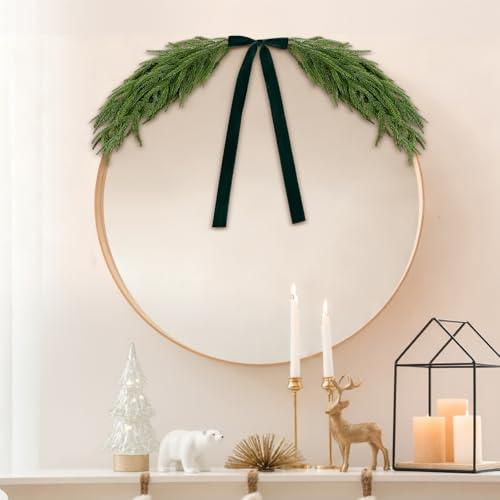 Luinabio 2.6ft Christmas Mirror Garland Artificial Norfolk Pine Swag for Mirror with Velvet Bow Faux Greenery Garlands Christmas Wreath for Xmas Home Door Mailbox Indoor Fireplace Decor(Dark Green)