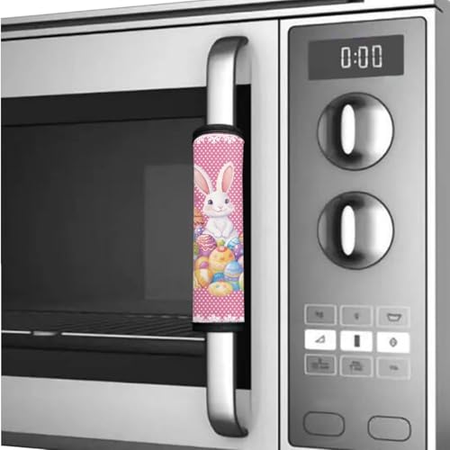 Image of Fridge Microwave Door Handle Covers Pack of 6 Waterproof Kitchen Electrical Appliances Handle Protector Easy Installation Kitchen Home Decor, White Bunny Rabbit Easter Egg Pink Dots Print