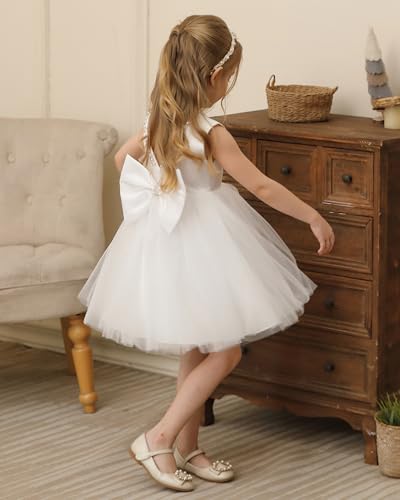 Satin Tulle Flower Girl Dress for Wedding Pearls Bow Knot Birthday Communion Pageant Prom Ball Gown2