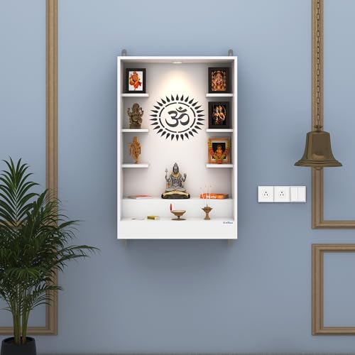 Image of Anikaa Niketana Wooden Wall Mount Mandir for Home | Pooja Temple with LED Light, Om Back Panel & 6 Shelves | Hindu Wooden Temple for Home & Office Decoration | White (DIY), Size(32x20x8 Inches)