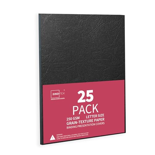 Binditek 25 Pack 13 Mil Grain-Texture Paper Binding Presentation Covers, 8.5 x 11 Inches, 90lb, Un-Punched, Letter Size, Black, Office Supplies
