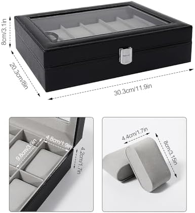 Uten Watch Box, 12 Slots Leather Watch Case, Watch Box Organizer Jewelry Storage with Large Glass Lid, Watch Display Case, Watch Box for Men & Women