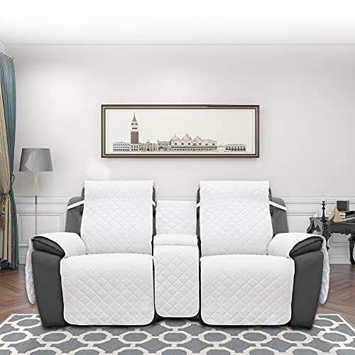 Image of Easy-Going Loveseat Recliner Cover with Console, Reversible Couch Cover for Living Room, Split Sofa Cover for Each Seat with Elastic Straps for Kids, Dogs, Pets(2 Seater, White /White)