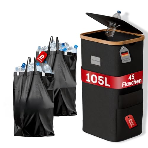 PFANDORA® 105L Pfandflaschen Sammelbehälter – Leergutbehälter für Küche, Haushalt & Garten – Faltbar, Waschbar, mit Etikettenhalter & 2 XXL-Innenbeuteln – Flaschensammler & Mülltrennung.(Schwarz)