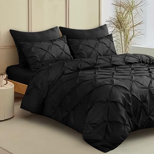 Luxury Pintuck Duvet Cover Set with Pillowcases - Elegant Microfiber Bedding Pintuck Pleated Diamond Pattern Machine Washable Available in Single Double King and Super King (Black Single)