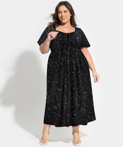Image of CARCOS Plus Size Dresses for Curvy Women Tie Sweetheart Neck Summer Maxi Dress Short Sleeve Empire Waist Floral Boho Dress