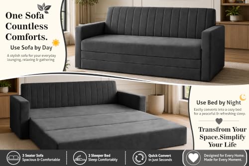 Image of 3-Seater Velvet Sofa Cum Bed with Armrests | Modern Convertible Sleeper Couch | Stylish Sofa Bed for Living Room, Bedroom & Office | Black