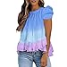 SCBFDI Top pour Femme Confortable Mince Fluide Plissee Chemisier Dégradé de Couleur Manches Courtes Blouse Femme Mode Col Rond D'été Club Confortable