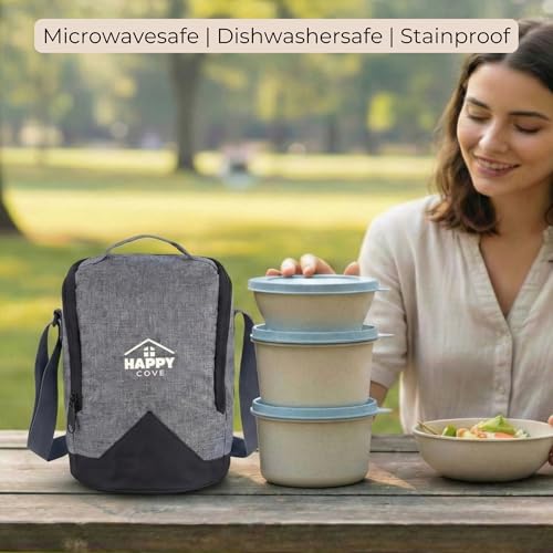 Image of Happy Cove Eco Friendly Lunch Box for Office Use, Made of Wheat Straw and Rice Husk, 3 Microwave Safe Blue Containers, Tiffin Box for Men with Grey Lunch Bag, Microwave Safe, Oven Safe, Unbreakable