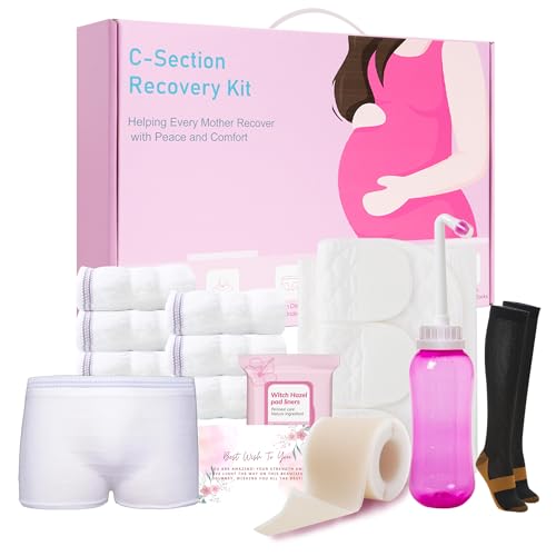 SOFTCA C Section Recovery Must Haves Kit - Peri Bottle,Disposable Mesh Underwears,Witch Hazel Pad Liners,Silicone Scar Patches, Abdominal Belly Binder,Socks,C-Section Recovery Essentials Kit