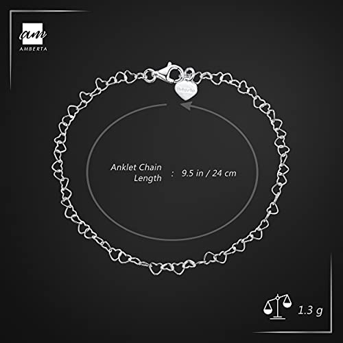 Amberta 925 Fine Sterling Silver Naturally Adjustable Anklet - 3 Mm Heart Chain Ankle Bracelet - Up To 10" Inch - Flexible Fit #TOP1