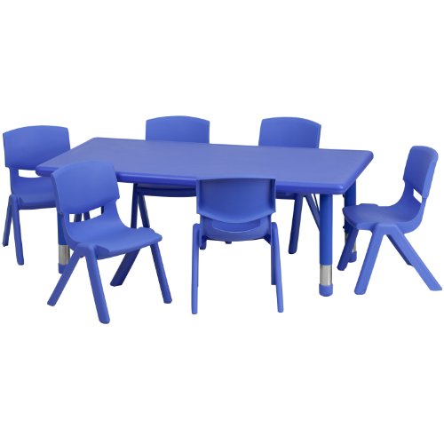 Flash Furniture 24''W x 48''L Rectangular Blue Plastic Height Adjustable Activity Table Set with 6 Chairs