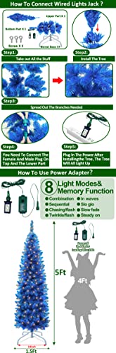 Turnmeon 5 Ft Prelit Artificial Pencil Christmas Tree Decoration With 8 Modes 100 Led Warm Lights Plug In 380 Branch Tips Metal Stand Slim Tree Xmas Decor Indoor Outdoor Home Holiday (Blue) #TOP3