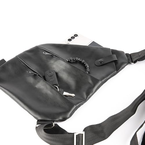 Waterproof Leather Sling Travel Bag for Men and Women, Chest Bag Crossbody Shoulder Bags Crossbody Small Waist Bags Chest Travel Backpack Casual Daypack Black4