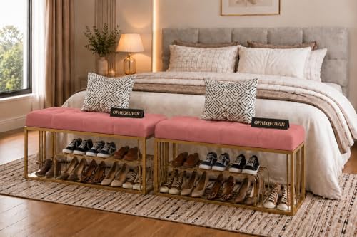 Image of Entryway Shoe Rack with Cushioned Seat, Shoe Bench for Entry, 2 Shelves Storage Bed Bench Pink