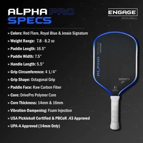 Miniatura 2 de Engage Pursuit Alpha Pro - Paleta de pickleball de 0.555 pulgadas, cara de fibra de carbono cruda, paleta de velocidad alargada de 8.0 onzas para