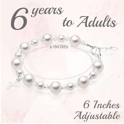 Image of Baby Crystals Personalized White Pearl Bracelets for Girls, Sterling Silver Initial & Cross Charm, Created with Swarovski Pearls and Crystals, Baptism, Communion, Christening Jewelry Gift