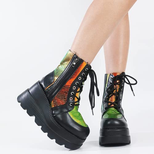 UOQAPRE Women's High Heel Combat Boots Square Toe Lace Up Ankle Booties Fashion Wedge Chunky Platform Boots Zipper Bootie Shoes3