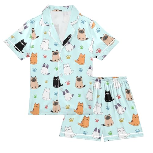 Cute Cartoon Simple Cats Summer Satin Pajama Set, Cute Button-Down Sleepwear Pj Set for Sleep Wears