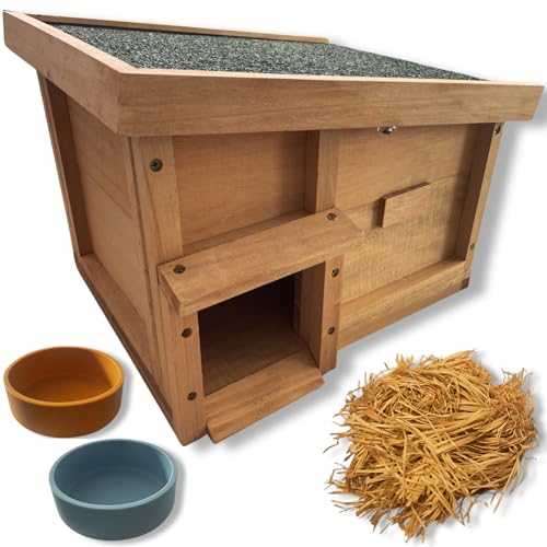 Nature's Wardrobe Hedgehog House & Hibernation Shelter - Predator Proof Nesting Box For Garden with Bedding and Feeding Bowls - Self Assembly Required