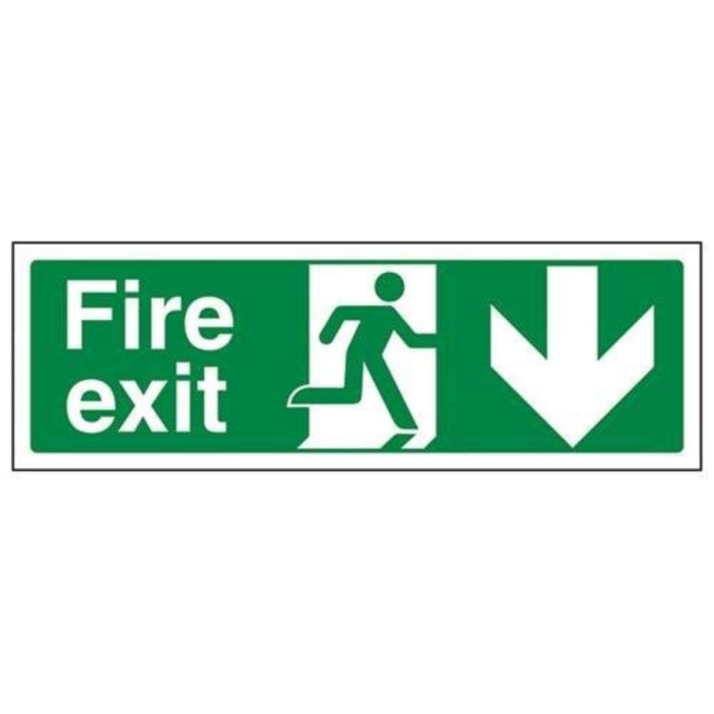 V Safety Fire Exit Arrow Down Sign - Landscape - 600mm x 200mm - 2mm Rigid Plastic