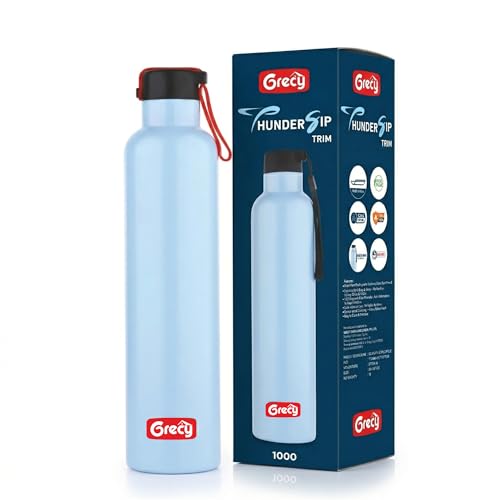 Image of GRECY Trim 1 Litre Stainless Steel Water Bottle Sky Blue | Single Wall Fride Bottle 1000ml BPA Free Food Grade | Leak Proof, Odour Free | Lightweight Carry Band | Made in India | Office, Gym, School