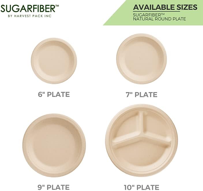 Harvest Pack GOURMET SHOWCASE [125 COUNT Sugarfiber 7-inch Round Disposable Compostable Paper Plates, Natural Bagasse Biodegradable Plate, Made From Eco-Friendly Plant Fibers