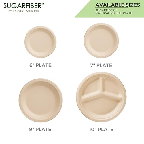 Harvest Pack Gourmet Showcase [125 Count] Sugarfiber 10-Inch Compostable Disposable Paper Plates, Round Divided 3 Compartments, Made From Eco-Friendly Plant Fibers #TOP4
